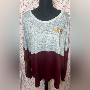 Plus size RUE21 Color Blocked Grey and Maroon Love Crewneck